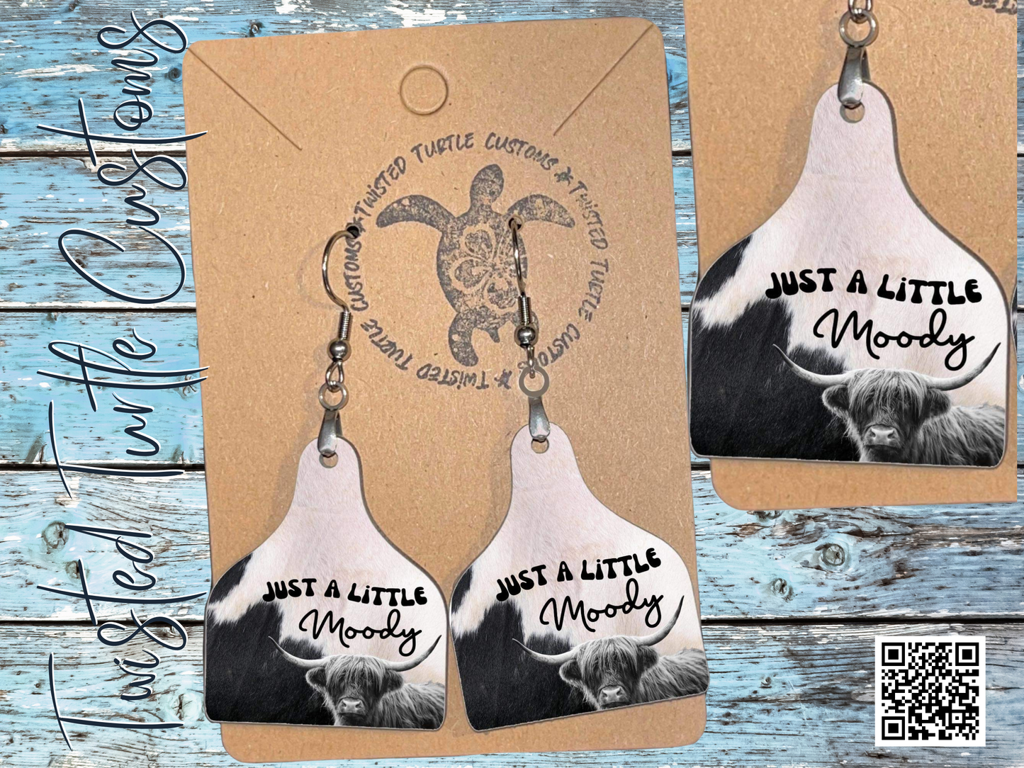 Just a Little Moody Highland Cow Hide/Print Cow Tag Earrings
