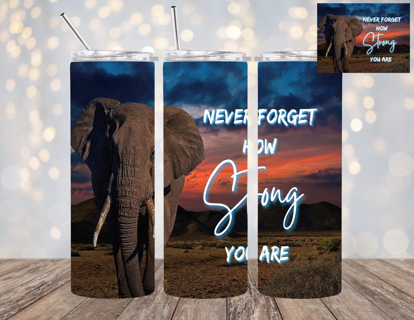 Elephant Strong 20oz Tumbler with Vibrant Sunset Beautiful Elephant