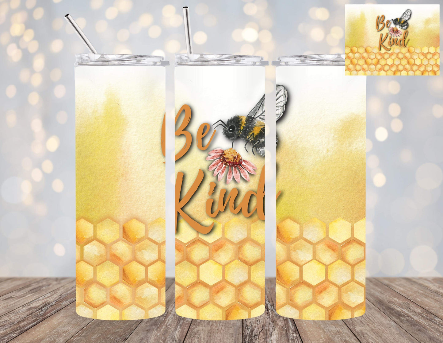 Be Kind 20oz Tumbler with Fuzzy Bee, Flower and Honeycomb