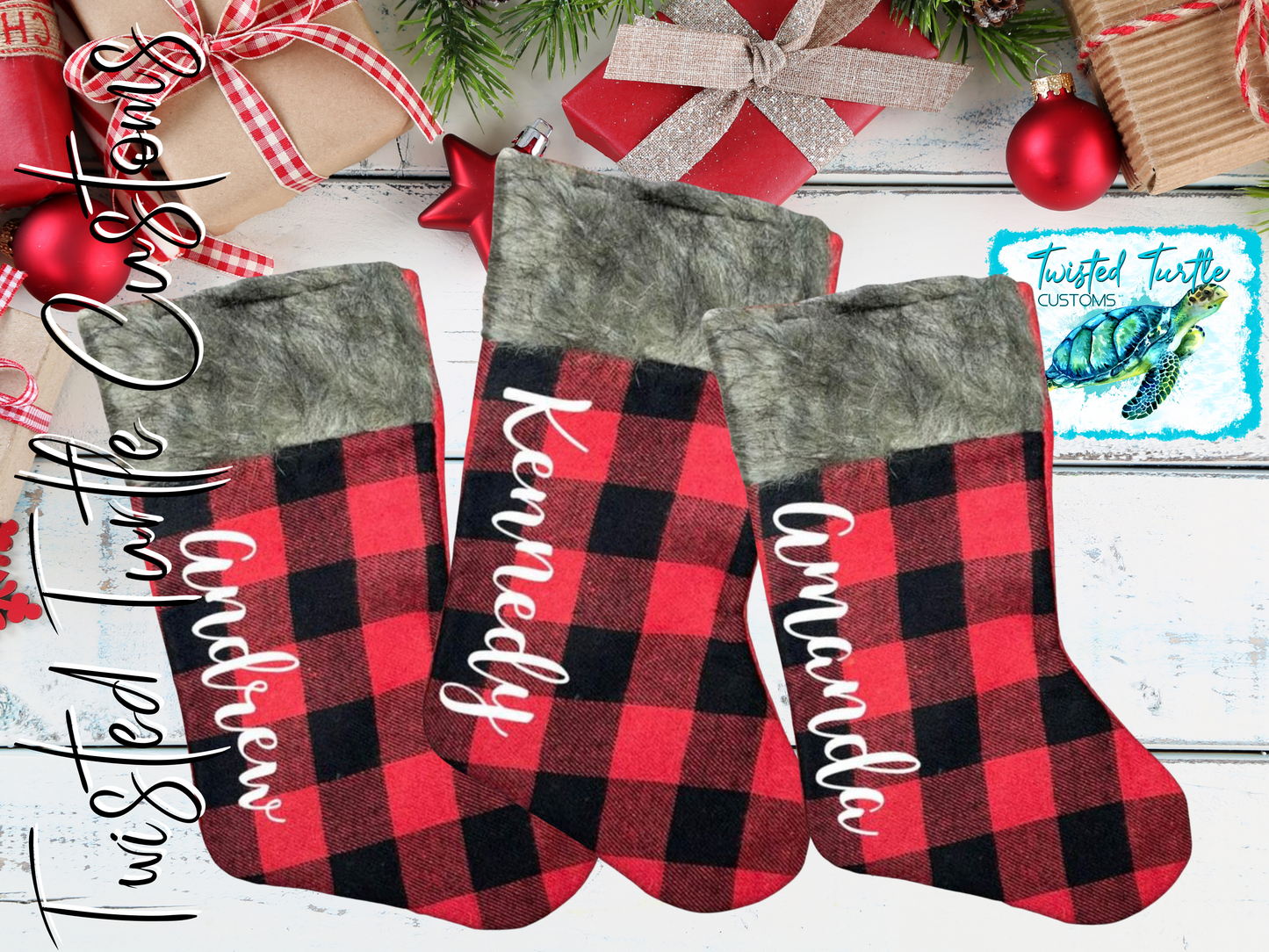 Personalized Buffalo Plaid Fur Top Christmas Stocking